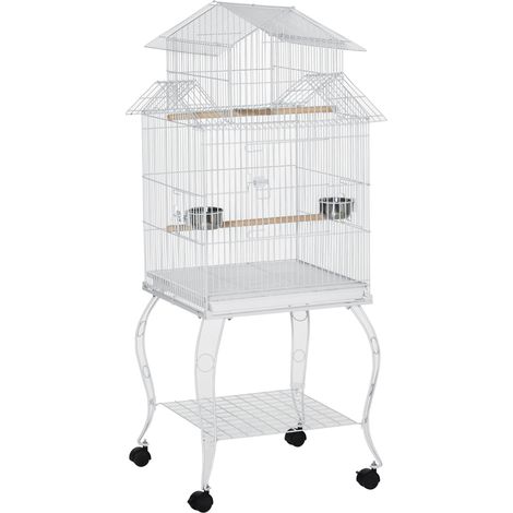 PawHut jaula para pájaros con ruedas jaula grande con soporte 50x49x137 cm con bandeja extraíble puertas comederos perchas y estante inferior (1/5)