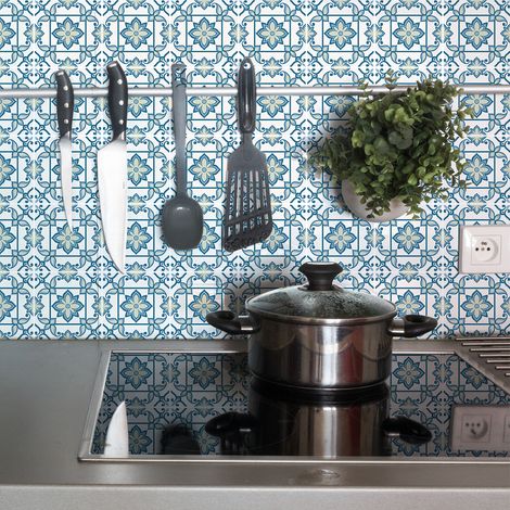 Sticker Mural Carrelage adhésif Cuisine Salle de Bain - 9 STICKERS CARREAUX DE CIMENT AZULEJOS DOZZA - 9stickers15x15cm (1/5)