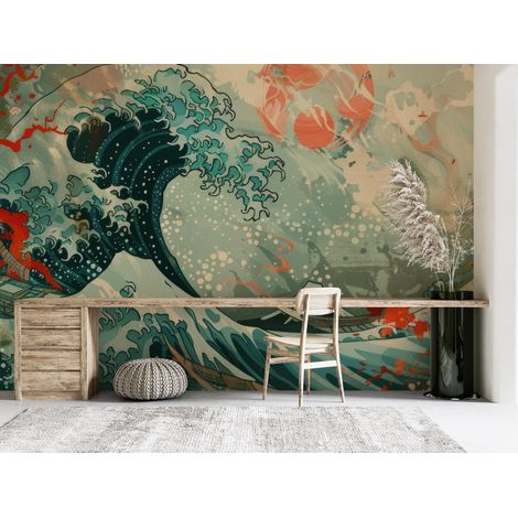 Papier peint nature - grande vague japonaise et carpe koï - 150 x 250 cm (1/2)