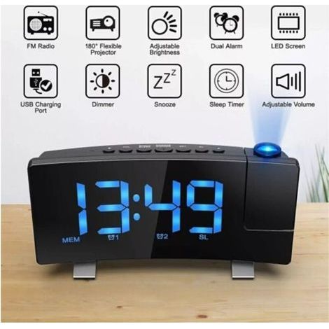 Réveil Radio FM LED avec Projection - Horloge Digitale Radio-Pilotée, Variateur de Luminosité, Horloge de Table avec Alarme et Port USB - Nouveau Modèle