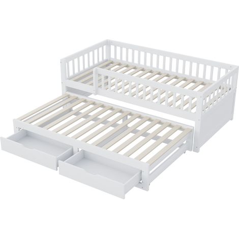 Letto a scomparsa in legno 90 x 200 cm bianco con sponda di sicurezza e 2 cassetti (1/5)