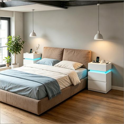 LED-beleuchteter Beistelltisch mit einstellbarer Helligkeit, multifunktionale Couchtisch-Kombination mit integrierter Ladestation – 2-teiliges Set