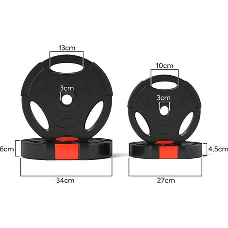 Set de 4 poids d'haltères, 2 x 5 kg/10 kg disques, plaques de charge pour barre de 2,5 cm, alésage Ø 30 mm, noir (1/5)