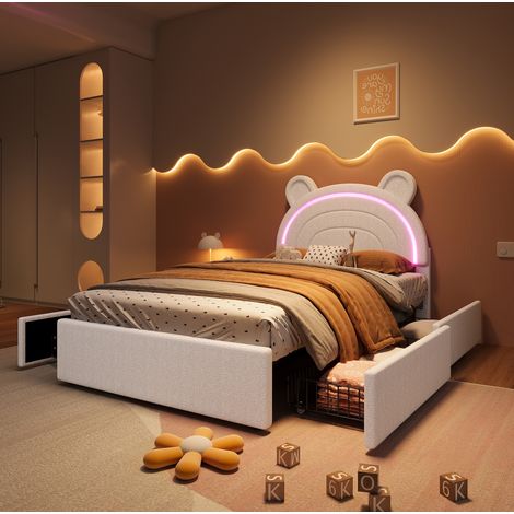 Letto bimbi 90x200 cm in velluto beige, 4 cassetti salvaspazio, senza materasso – MEUBLIV (1/5)