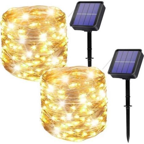 Lot de 2 Guirlande Exterieur Solaire,2x10m 100LED Guirlande Exterieure Étanche 8Modes Décoration Lumière Pour Jardin,Mariages, Cour (1/4)