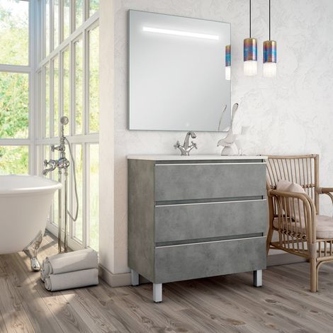 Meuble de salle de bain simple vasque - 3 tiroirs - ciment (gris) - PALMA et miroir Led STAM - 100cm (1/4)