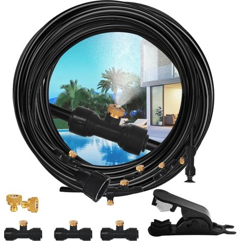 Kit de 10 m pour nébuliseur extérieur à monter soi-même : système de brumisation rafraîchissant pour jardin, tuyau de brumisation de 10 m et 12 buses en laiton pour terrasse, patio ou serre. (1/5)