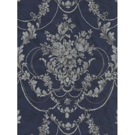 Perla Floral Damask Wallpaper Debona Textured Vinyl Navy Metallic Glitter (1/2)