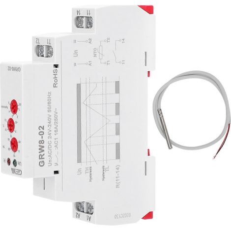 Relais de régulation de température pour montage sur rail DIN avec sonde de test GRW8-02 AC/DC 24V-240V