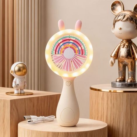 Mini ventilatore a LED - Ricaricabile tramite USB - Portatile - Design carino - Adatto ai bambini - Ventilatore a LED con coniglietto bianco (1/5)