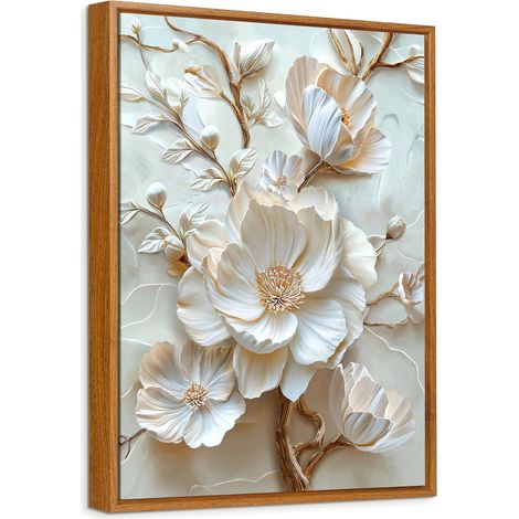 Fleurs Beiges Tableau Encadrée Poster Mural Peinture Impression sur Toile Image Affiche Fleur de Pivoine Blanche en 3D Tableau Decoration Murale Salon Chambre Salle de Bains Couloir 30x40cm (1/5)