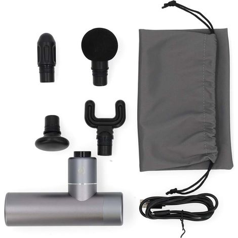 Nedis SmartLife Sport-Massagepistole / Akkubetrieben / Wiederaufladbar / 5 Massagemodi / Beutel mit Kordelzug / Flachkopf / Konischer Kopf / Kugelkopf / U-förmiger Kopf / Dunkelgrau
