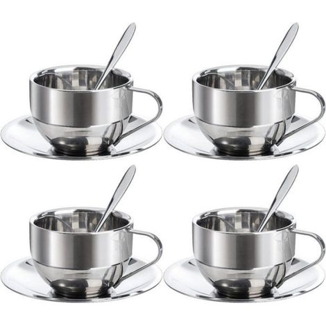 Tasse A Café - Acier Inoxydable 304 - Double Paroi - 17 Cl - Avec Soucoupe Et Cuillère - Lot De 4 (1/5)