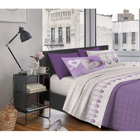 Completo Letto Stampato Made In Italy 100 % Cotone Set Lenzuolo Sopra Sotto Federe Cuori Lilla - Matrimoniale (1/3)