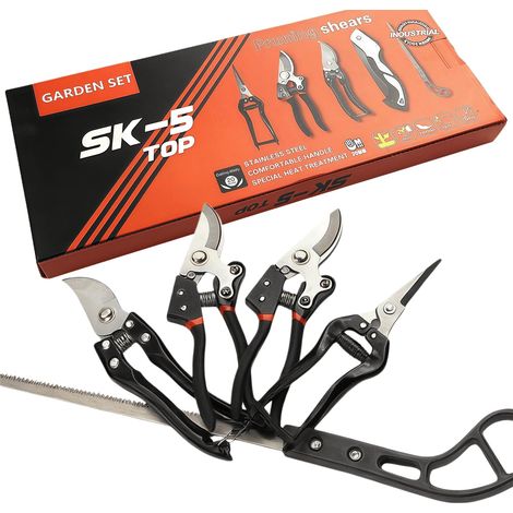 Ensemble de 5 outils de taille de jardin : sécateur robuste en acier SK-5, scie pliante et coupe-branches ergonomiques pour arbres. (1/5)
