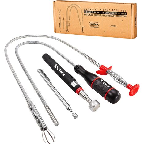 Lot de 4 outils de ramassage magnétiques – Pince extensible avec griffe flexible, aimant de 3,6 kg pour articles difficiles à atteindre, bâton magnétique à ressort pliable, réparation (1/5)
