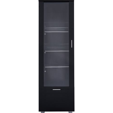 Vitrina alta negra brillante con puerta acrílica y LED, 3 baldas de vidrio templado (1/5)