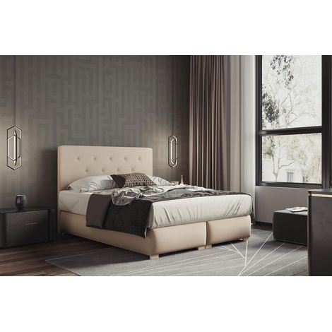Lit adulte 200x200 cm LUPIN - avec matelas ressorts intégrés, rangement et surmatelas - tissu velours – beige (1/5)