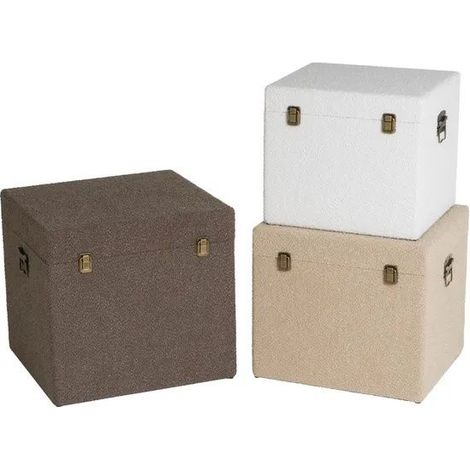 Lot de 3 Poufs Malle de Rangement carrés en Tissu Bouclette avec Fermoirs Métalliques, Coloris Marron Beige et Blanc (1/5)