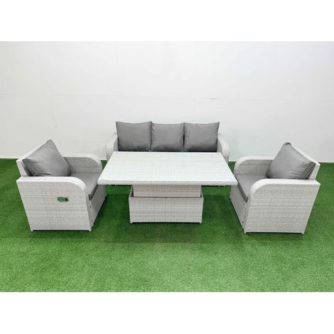 Fimous PE Rattan Garden Furniture Set Reclining Chair Sofa Lounge Sofa Set Adjustable Lifting Dining or Coffee Table Light Grey (1/5)