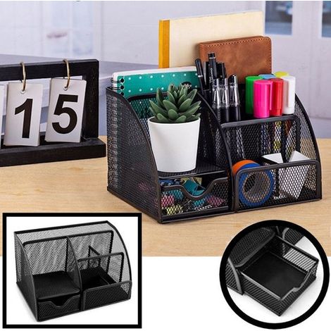 Plumier de bureau en métal et filet, 6 compartiments et 1 tiroir, organiseur pour stylos, crayons, post-it et accessoires de bureau, noir (1/5)