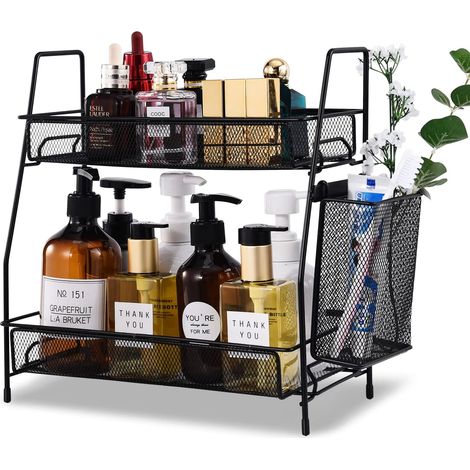 Badezimmer-Arbeitsplatten-Organizer, Schlafzimmer-Organizer, Küchen-Arbeitsplatten-Gewürzregal mit kleinem Korb (schwarz)