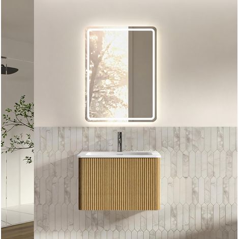 Hängendes Badmöbel-Set 60 cm mit integriertem Waschbecken und LED-Spiegel 60 x 80 cm Eiche (1/5)