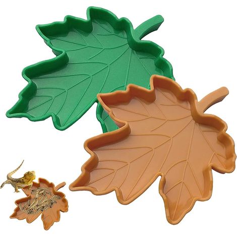 Bol Alimentation Eau - Forme Feuille Érable pour Reptiles Tortues Serpents Lézards - Lot de 2 Pièces - Vert et Jaune