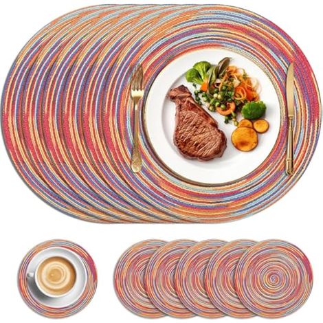 Set de 6 sets de table et dessous de verre ronds, 34 cm, tressés tissés, lavables, résistants à la chaleur, pour cuisine, salle à manger, maison, restaurant, rouge arc-en-ciel.