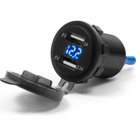Enchufe doble para motocicleta Biketec con retroiluminación y voltímetro, para montaje en superficie plana (carenado, baúl) o en el manillar se requiere el adaptador BTMUS28.