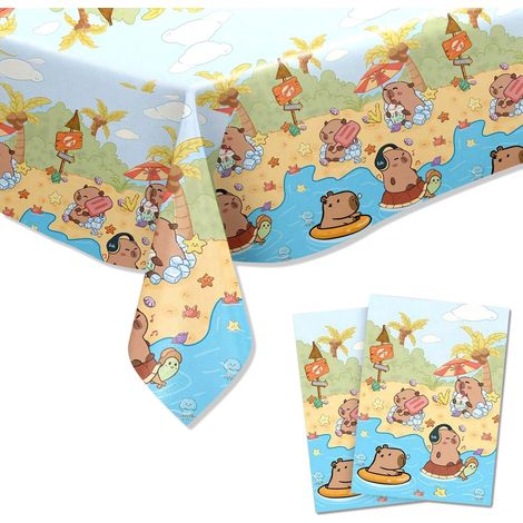 2 Pièces Capybara Nappe Anniversaire, Dessin Animé Nappe Jetable, Rectangulaire nappes Plastique 108x180cm, Mignon Capybara Nappes de Fête pour Garçon Fille Decoration Anniversaire, Festival (1/5)