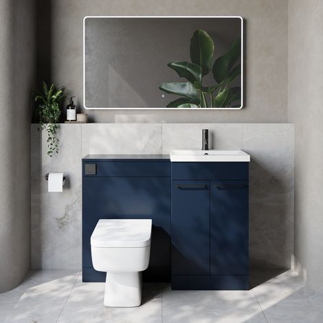 Napoli 390 Cento Deep Blue 1100mm 2 Door Vanity Unit Toilet Suite with Glide Basin - 1100mm - Matt Black 160mm HandleWith Kingston Toilet Pan and Seat