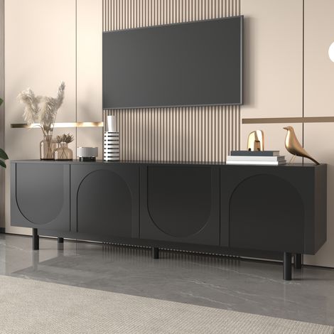Mobile TV 175 cm, con 4 porte, mensole regolabili, decorazione ad arco, stile Scandinavo, mobile soggiorno in legno - Nero