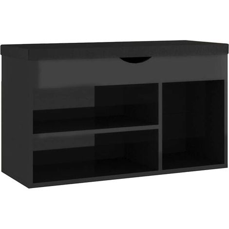 Banc à chaussures et coussin, noir brillant, en bois composite. (1/5)