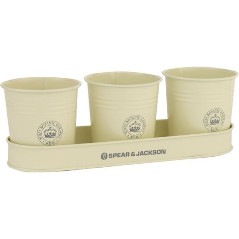 Set de 3 Pots avec Plateau, Jardinière Intérieure en Acier Galvanisé pour Herbes, Semis et Bulbes, Crème (1/5)