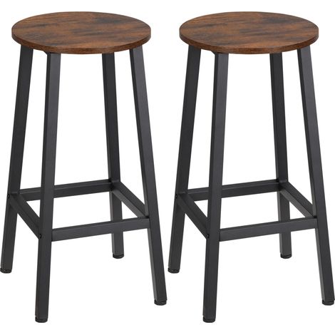 Lot de 2 tabourets de cuisine en aggloméré et acier, assise lisse et repose-pieds, 32,5 x 32,5 x 65 cm, marron (1/5)