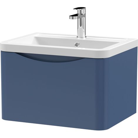 Nuie Lunar Satin Blue 600mm Wall Hung Single Drawer Vanity Unit and Ceramic Basin - LUN305A (1/7)