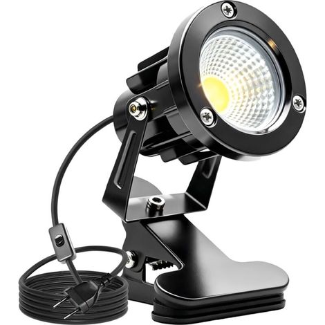 Clip-on LED spotlight with plug and switch, IP65, waterproof, for indoor and outdoor use, 10W LED spotlight with 1.5m cable for outdoor use, courtyard, lawn, warm white (1/5)