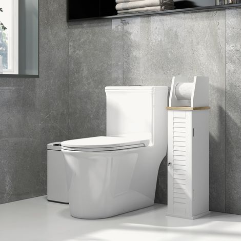 Porta rotolo di carta igienica moderno per il bagno, mobiletto ausiliario per il bagno con ripiani regolabili e porta rotolo di carta igienica, 18x20x80 cm, bianco