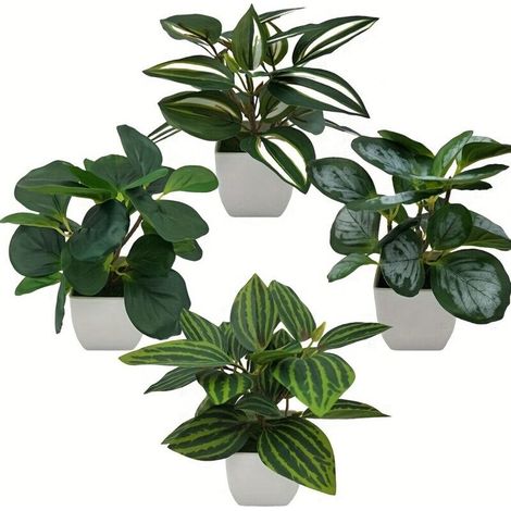 Lot de 4 petites plantes artificielles en pots blancs, mini plantes artificielles en plastique, plantes artificielles, décoration dintérieur, verdure (1/4)