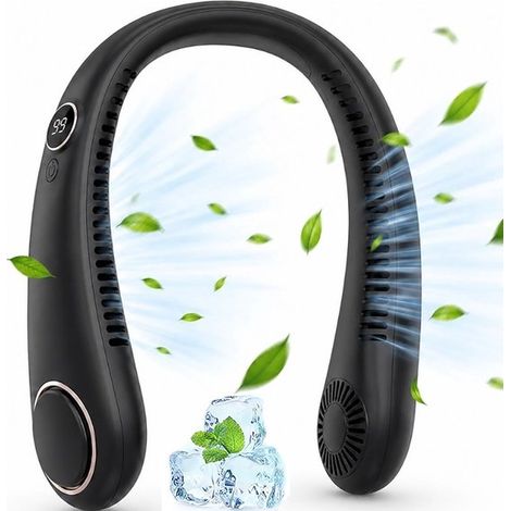 Ventilateur de cou sans pales, 5 vitesses, écran intégré, rechargeable USB, portable et léger, pour rafraîchir le visage, bleu (1/5)