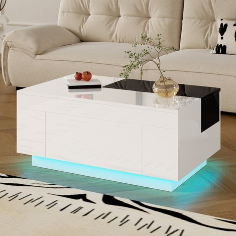 Table basse 80x50x35,5 cm noir et blanc, avec LED et rangement, MDF brillant MEUBLIV (1/5)