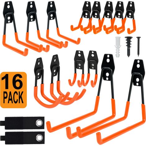 Lot de 16 crochets muraux de garage – Crochets muraux de garage pour porte-tuyaux, câbles et outils, systèmes de rangement peu encombrants pour garage, atelier et maison (1/5)