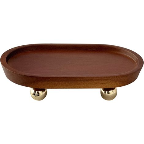 Plateau décoratif en bois ovale foncé avec pieds dorés, vide-poches entrée et support aromathérapie élégant pour clés et objets (1/5)