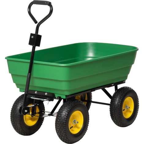 Chariot de jardin en acier et PP de 125 L avec plateau basculant et poignée, 118 x 58 x 102 cm, vert