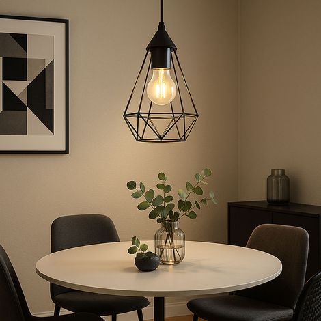 LED Hängelampe Metallgitter Pendelleuchte schwarz Retro Esszimmerlampe Industriell, Diamantform, 7W 806lm warmweiß, DxH 17x120 cm