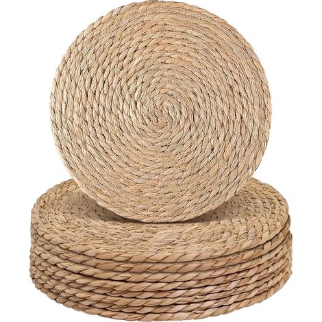 Lot de 8 Sets de Table Naturelle Ronde Tressé, Dessous Table Antidérapants en Jacinthe d'eau Tissé, Dessous Assiette Résistant à la Chaleur pour Cuisine et Salle à Manger Décoration 33 cm (1/5)