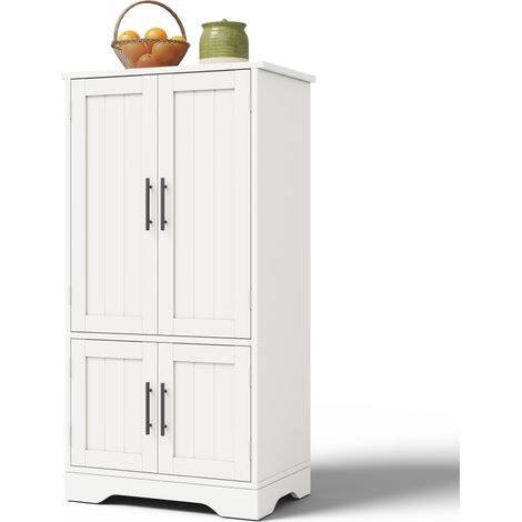 Armoire de rangement haute blanche MDF 120×60×40 cm 4 portes relief 3D ondulé poignées métal, éclairage LED rechargeable à détection d’ouverture, étagères modulables pour cuisine salle à manger salon (1/5)