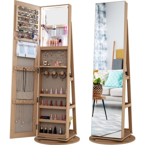 COSTWAY 360¡ãRotating Jewelry Armoire Standing Jewelry & Makeup Cabinet-Natural (1/5)