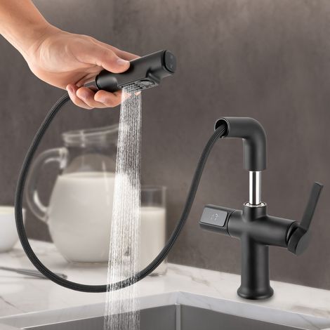 【Chauffage et ventilation】Robinet de Cuisine Noir Extensible avec Affichage, Robinet de cuisine à douchette extractible, Température LED, Rotation 360°, Deux modes de débit (1/5)